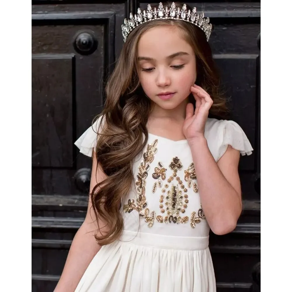 Mia Joy Girls Ivory Maxi Dress With Gold Embellished Bodice Flutter Sleeves & Fl - Picture 11 of 16